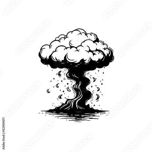 Striking monochrome illustration of a nuclear mushroom cloud, symbolizing destruction