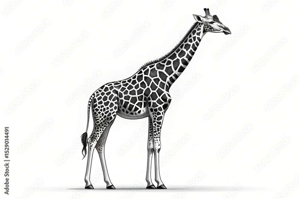 Naklejka premium Majestic Reticulated Giraffe Illustration African Wildlife Black and White Animal Art