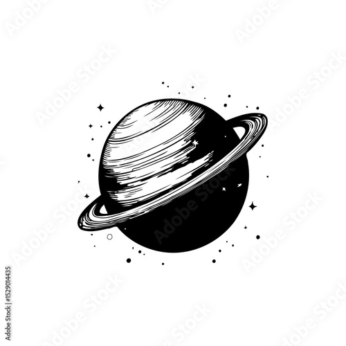Monochromatic Saturn illustration with ring system against a cosmic background