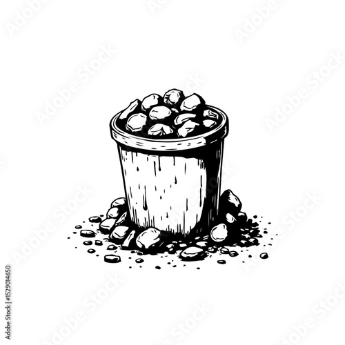 Monochrome illustration of a bucket filled with rocks, showcasing natural elements
