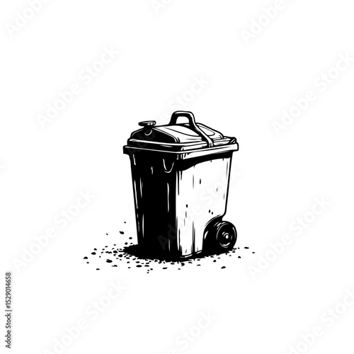 Monochrome depiction of a wheelie bin emphasizing waste management concepts
