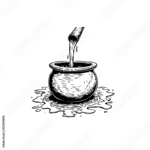 Monochrome illustration of liquid pouring into a cauldron with spillover effect