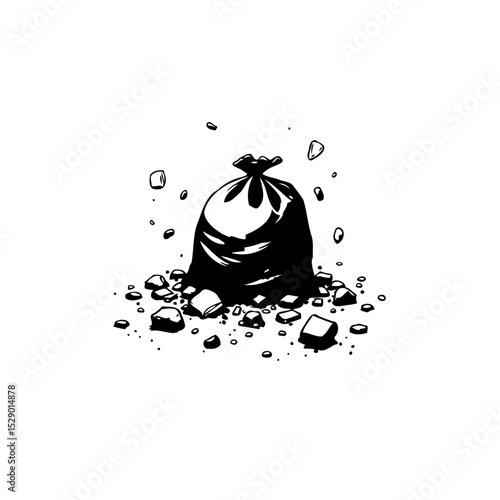 Minimalistic Black and White Illustration of a Garbage Bag Surrounded by Debris