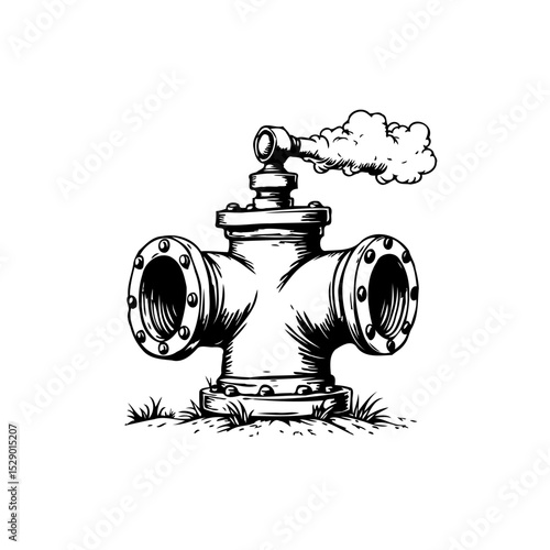 Vintage illustration of a steampunk-style valve with smoke escaping, isolated on white