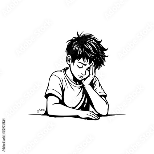 Monochrome drawing of a sad boy resting his head on his hand with dark hair