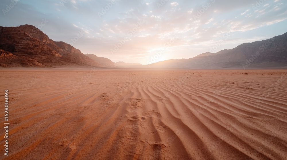 Fototapeta premium A breathtaking view of a vast desert landscape, illuminated by a soft golden sunrise, highlighting the beauty of nature and tranquility in the arid environment.