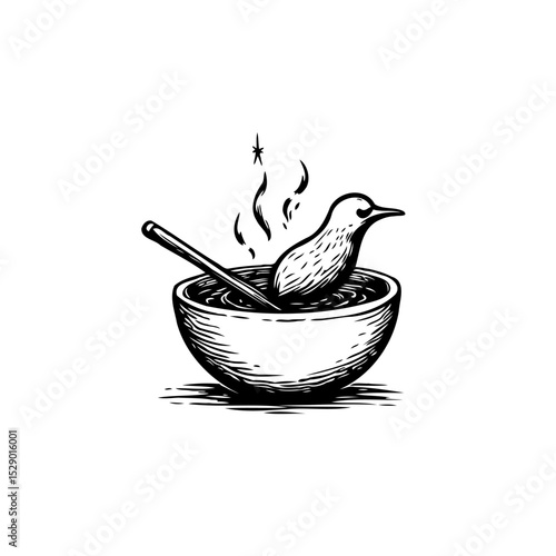 Humorous avian soup: Conceptual illustration of a bird swimming in a bowl of broth