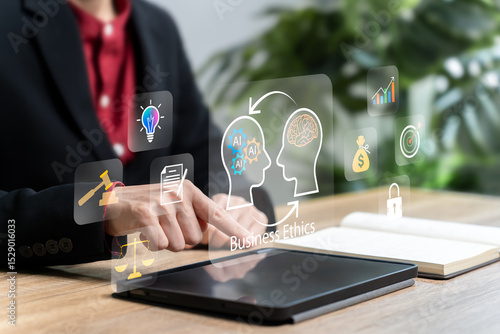 Business Ethics and Compliance, Respect for Opinions Concept. Ethical investment, Businesswomen's guidelines and rules between humans and AI, Business integrity and morals, Intellectual propert