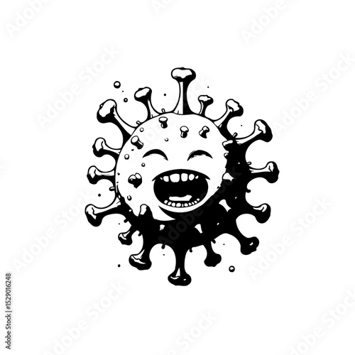Cartoon style depiction of a virus with a humorous facial expression