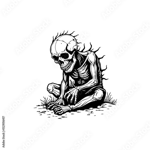 Disturbing portrayal of a skeletal figure conveying isolation and despair in monochrome