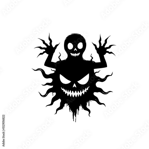 Spooky halloween ghost silhouette with menacing grin and eerie aura illustration