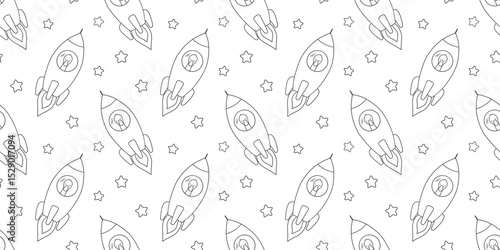 Seamless pattern with cute goose in rocket. Vector outline monochrome repeat design on white background for kids and nursery