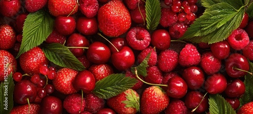 The vibrant assortment of fresh red berries and green leaves on display.