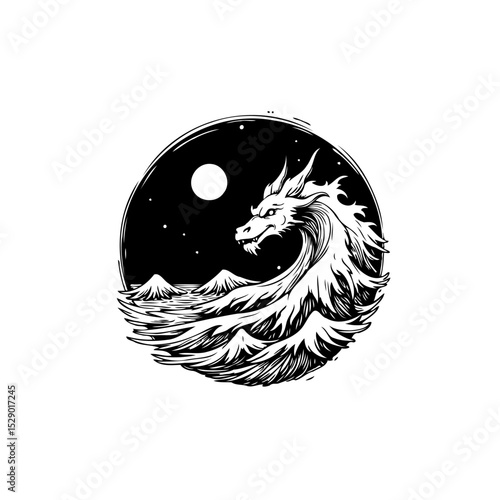 Mystical water dragon illustration with moonlit sea within circular frame