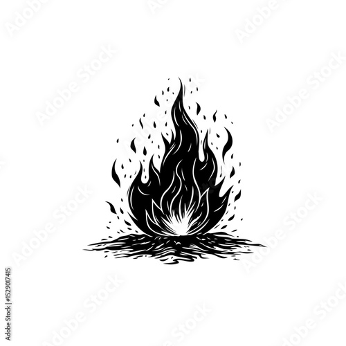 Minimalist Black and White Illustration of a Dynamic Fire with Flickering Flames