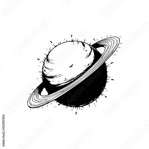 Monochrome depiction of Saturn, celestial beauty floating against white canvas