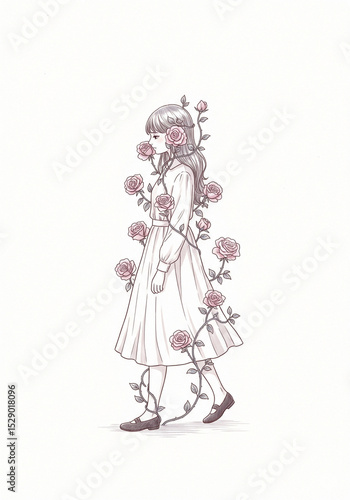 girl with a bouquet of flowers illustration