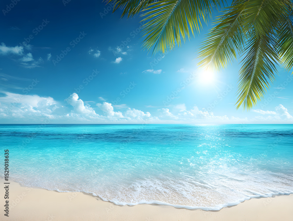 Obraz premium 白い砂浜とヤシの木が広がる南国リゾートの透き通る海と夏空