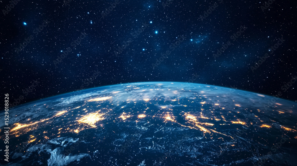 Obraz premium A breathtaking view of Earth from space, with city lights across the Americas, the glowing atmosphere, and the starry sky emphasizing the beauty of the planet and its vibrant oceans.