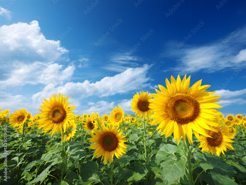 Fototapeta premium 青空と満開のひまわり畑が広がる夏を象徴する元気いっぱいの風景