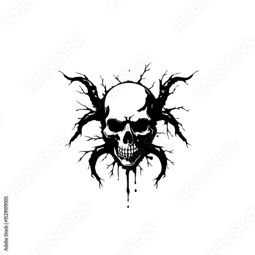 Monochrome skull graphic with branch-like extensions conveying death and decay