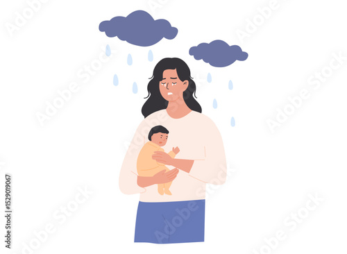 Young mother holding baby with sad expression and dark clouds overhead. Postpartum depression, baby blues concept. Emotional struggle and maternal mental health challenges. Flat Vector Illustration.
