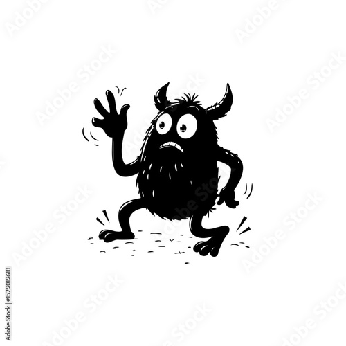 Frightened furry monster with horns, cartoonish silhouette illustration in black and white