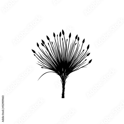 Minimalist botanical illustration: Black silhouette of a stylized papyrus plant