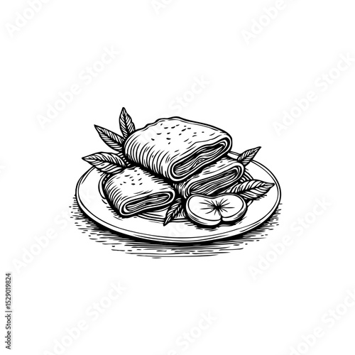 Elegant Hand-Drawn Illustration of Crepes Stacked on a Plate with Apple Slices