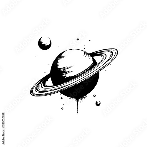Artistic rendition of saturn and a moon with unique stylistic brushwork