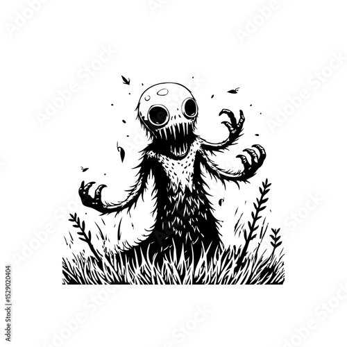 Creepy Creature in the Wilderness: A Black and White Horror Illustration