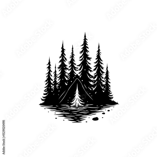 Monochrome camping scene: Tent nestled amidst evergreen trees for outdoor adventure
