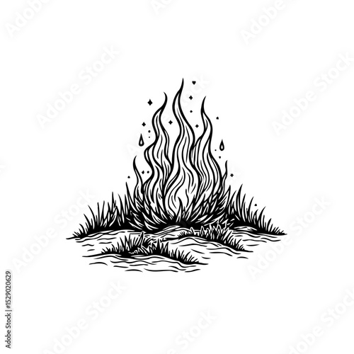 Mystical fire illustration with stylized flames and grass, enchanting vector art