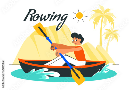 People Enjoying Rowing Vector Illustration Featuring Canoes and Sailing on a River or Lake as Part of Active Water Sports in a Flat Style Background