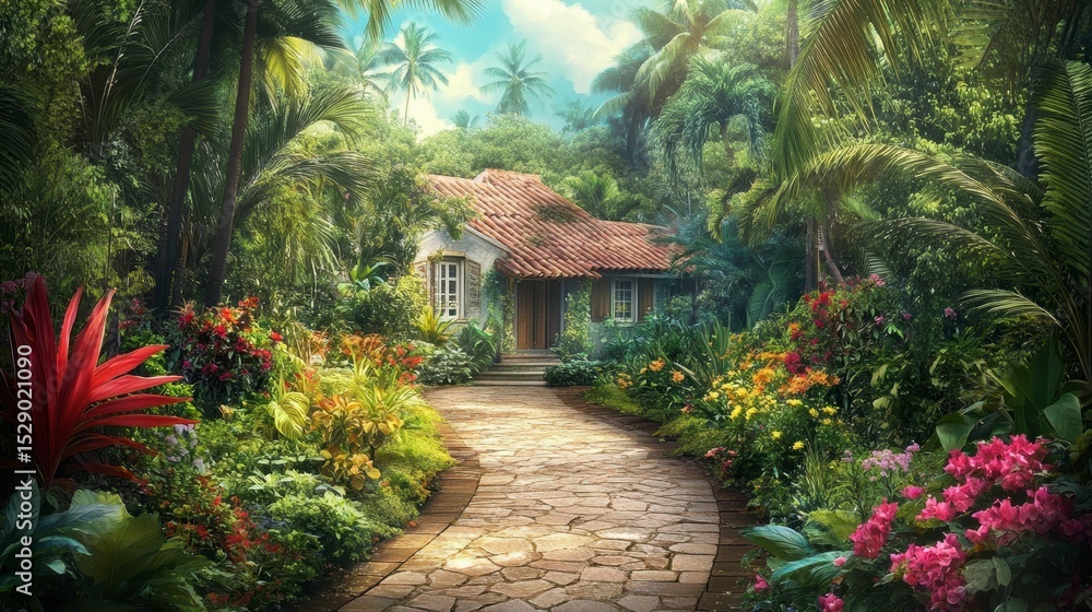 Stone path leads to tropical house nestled in lush garden. Stone path leads to tropical house nestled in lush garden.