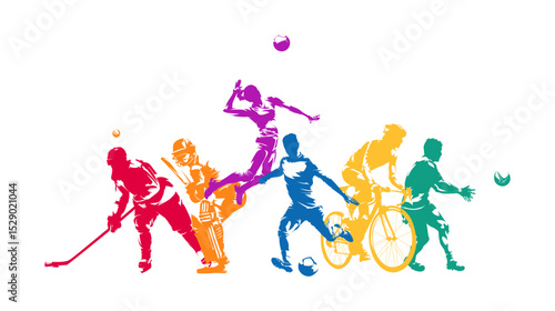 Sports design with group of active people, isolated vector silhouettes, hockey, cricket, volleyball, soccer, cycling, rugby. Men and women