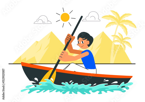 People Enjoying Rowing Vector Illustration Featuring Canoes and Sailing on a River or Lake as Part of Active Water Sports in a Flat Style Background
