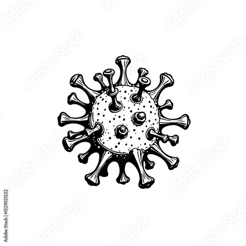 Detailed black and white vector drawing of a coronavirus cell illustration