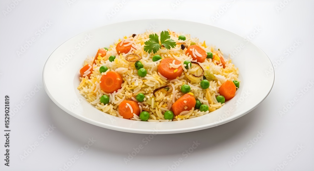Colorful Vegetable Pulao Served in white plate with white background Colorful Vegetable Pulao Served in white plate with white background