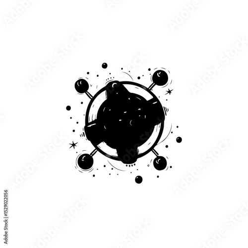 Abstract Black and White Molecule Illustration with Dynamic Particles and Rings