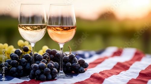 Celebratory Independence Day Gathering two glasses of wine beside fresh grapes set on an American flag blanket capturing the spirit of a joyful Fourth of July picnic. A patriotic july