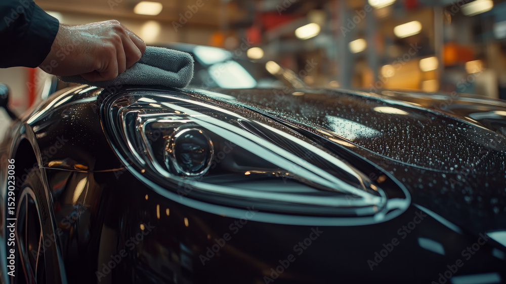 Obraz premium Hand polishing a sleek black luxury car in a garage.