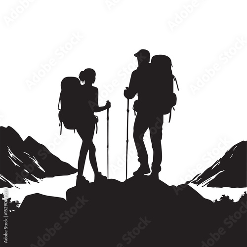 Hiking Couple Silhouette Vector Outdoor Trekking and Adventure Scene