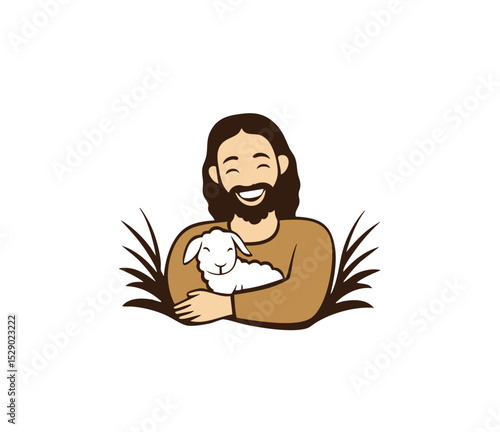 Vector of Jesus smiling while holding a white lamb 