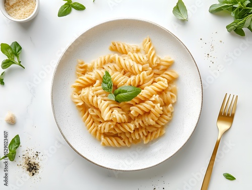 Creamy Fusilli Pasta with Fresh Basil and Elegant Gold Fork