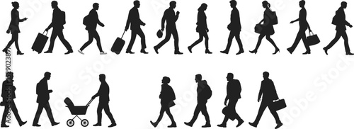 Diverse Collection of Walking People Silhouettes: Featuring Individuals with Luggage, Briefcases, Strollers, and Backpacks, Ideal Vector Illustrations for Travel, Urban Life, and Commute Concepts