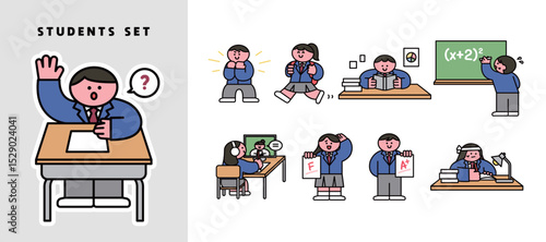 Illustration of the character of middle school students and high school students studying during the exam period