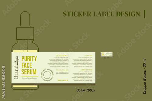 Sticker Label Dropper Bottles 30 ml - green purity face serum. Sticker label design template.