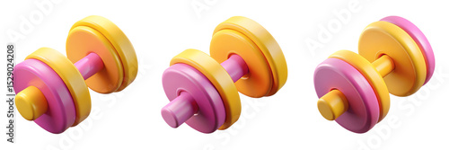 Photos Set For Three pink and yellow dumbbells isolated on transparent background