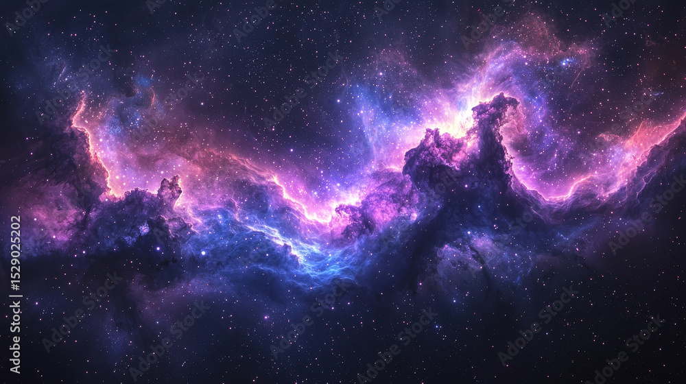 Obraz premium Vibrant Cosmic Nebula and Galaxy Swirling Purple and Blue Clouds in Starry Universe, Evoking Astronomy Wonder and Mystery in Cosmic Space Scene